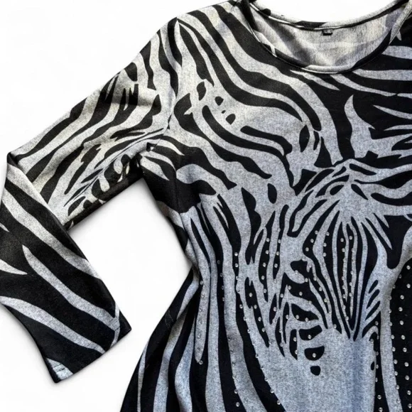 Zebra print long sleeve top Y2K black grey animal print L/XL 💋 - Picture 4 of 7